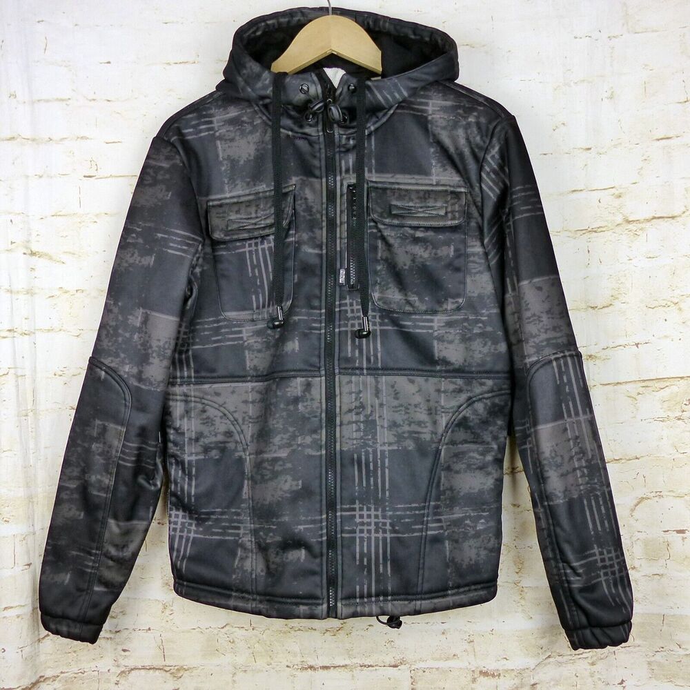 Hoodie Buddie Jacket Mens S Gray Distress Plaid Print HB3 Earbuds Zip Hoodie Y2K